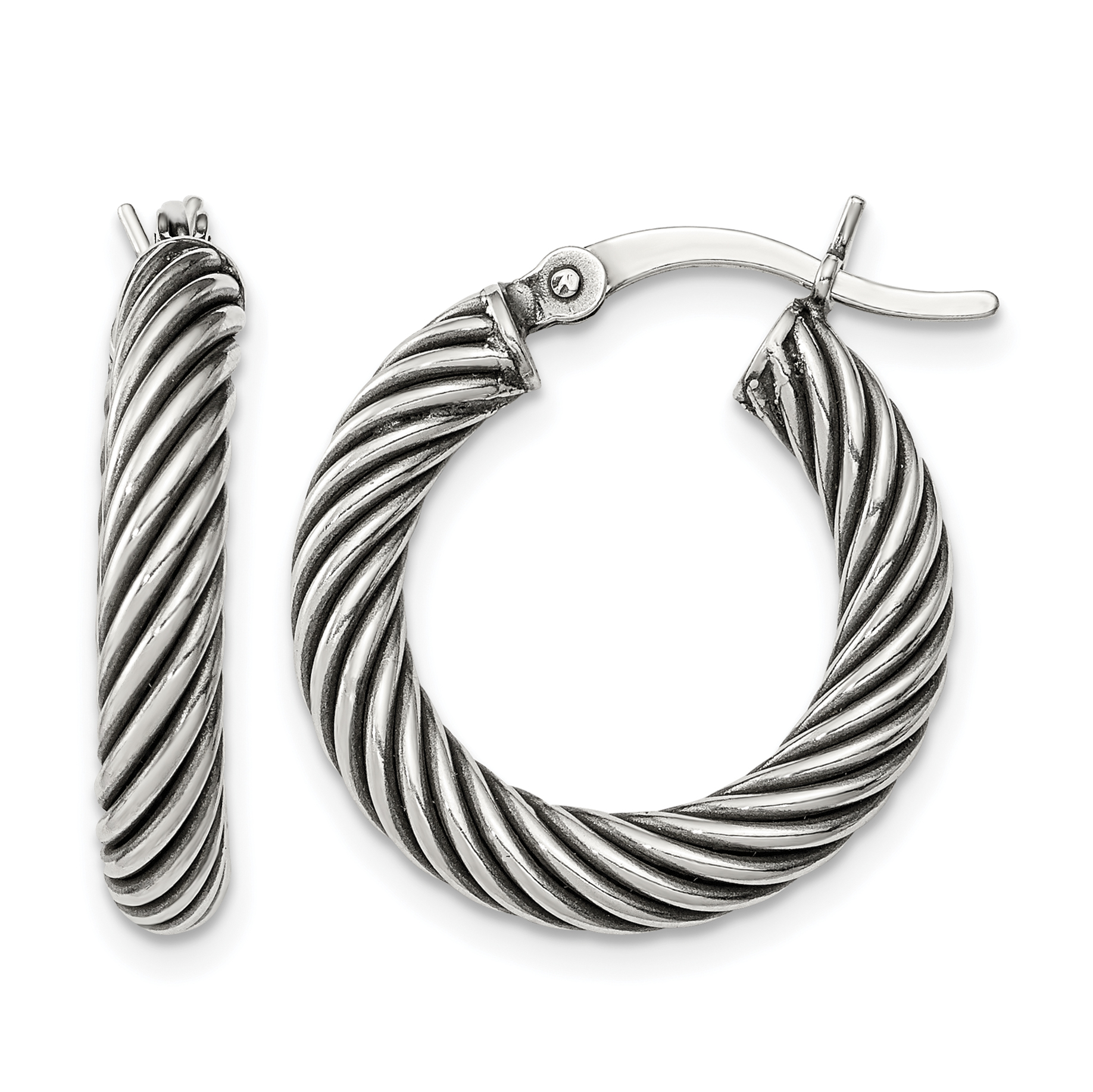 Sterling Silver Antiqued 3.25x20mm Twisted Hoop Earrings (QE6728)