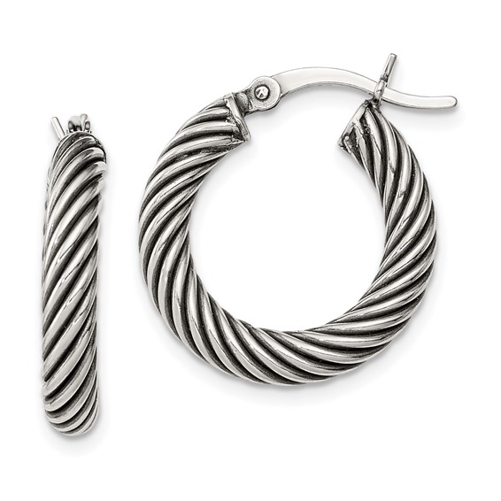 Sterling Silver 3.25mm Antiqued Twisted Hoop Earrings