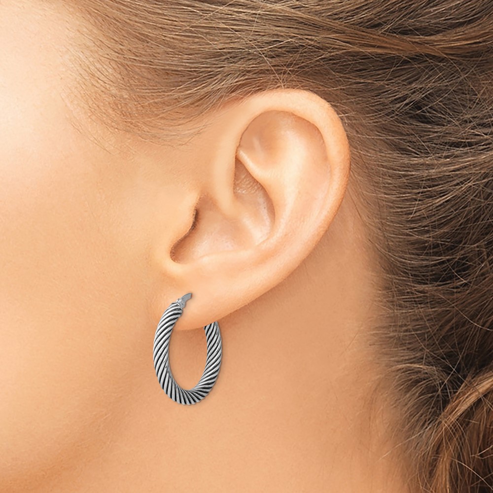 Sterling Silver Antiqued 3.25x25mm Twisted Hoop Earrings (QE6729)