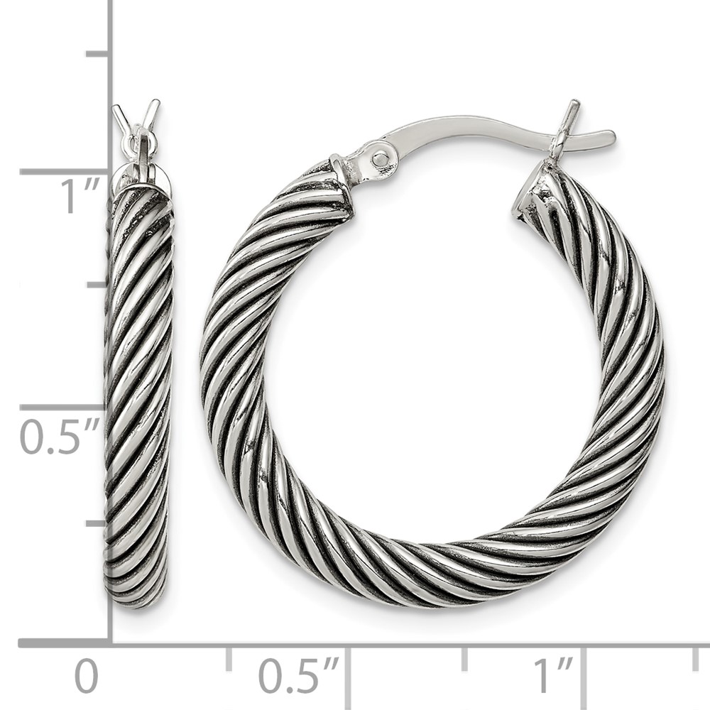 Sterling Silver Antiqued 3.25x25mm Twisted Hoop Earrings (QE6729)