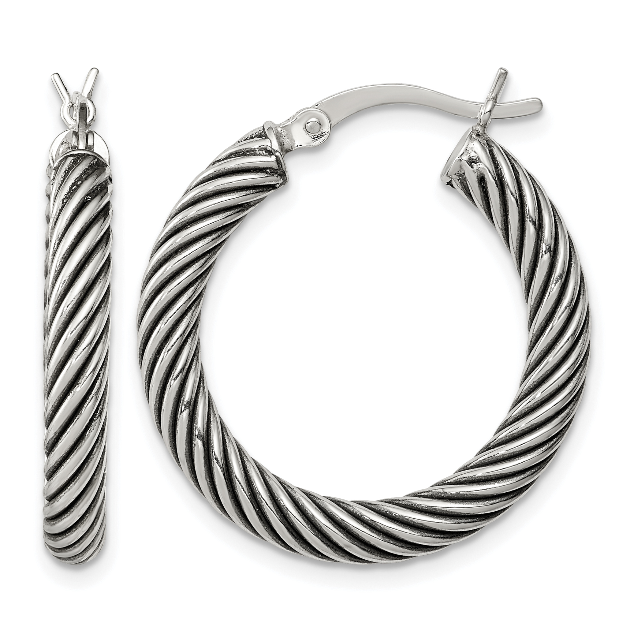 Sterling Silver Antiqued 3.25x25mm Twisted Hoop Earrings (QE6729)