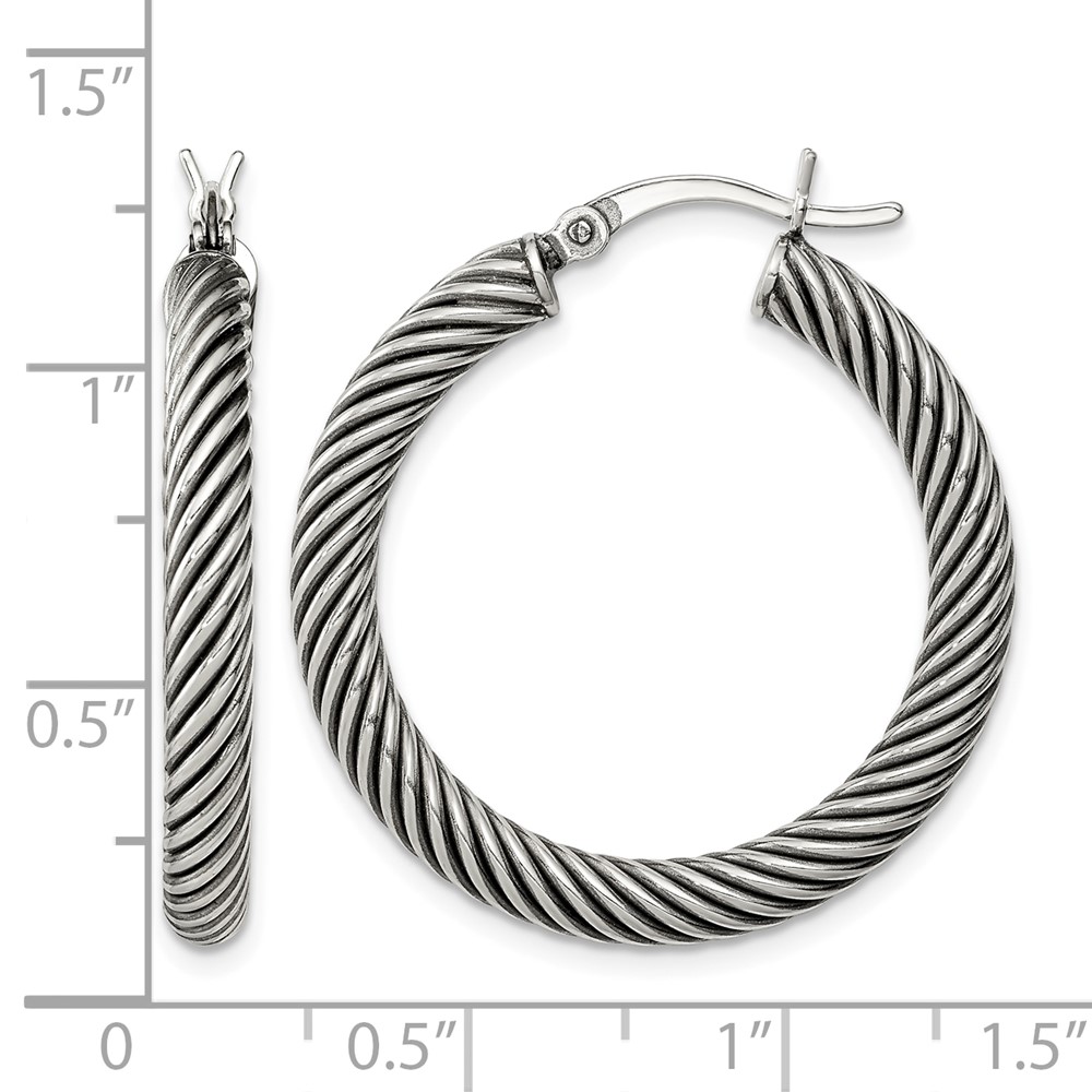 Sterling Silver Antiqued 3.25x30mm Twisted Hoop Earrings (QE6730)