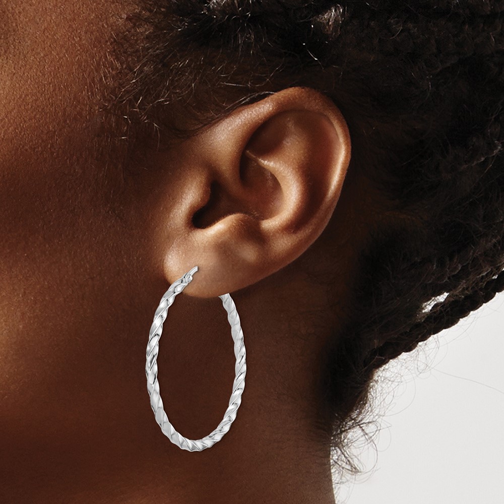 Sterling Silver Rhodium-plated Twisted 3x40mm Hoop Earrings (QE6755)