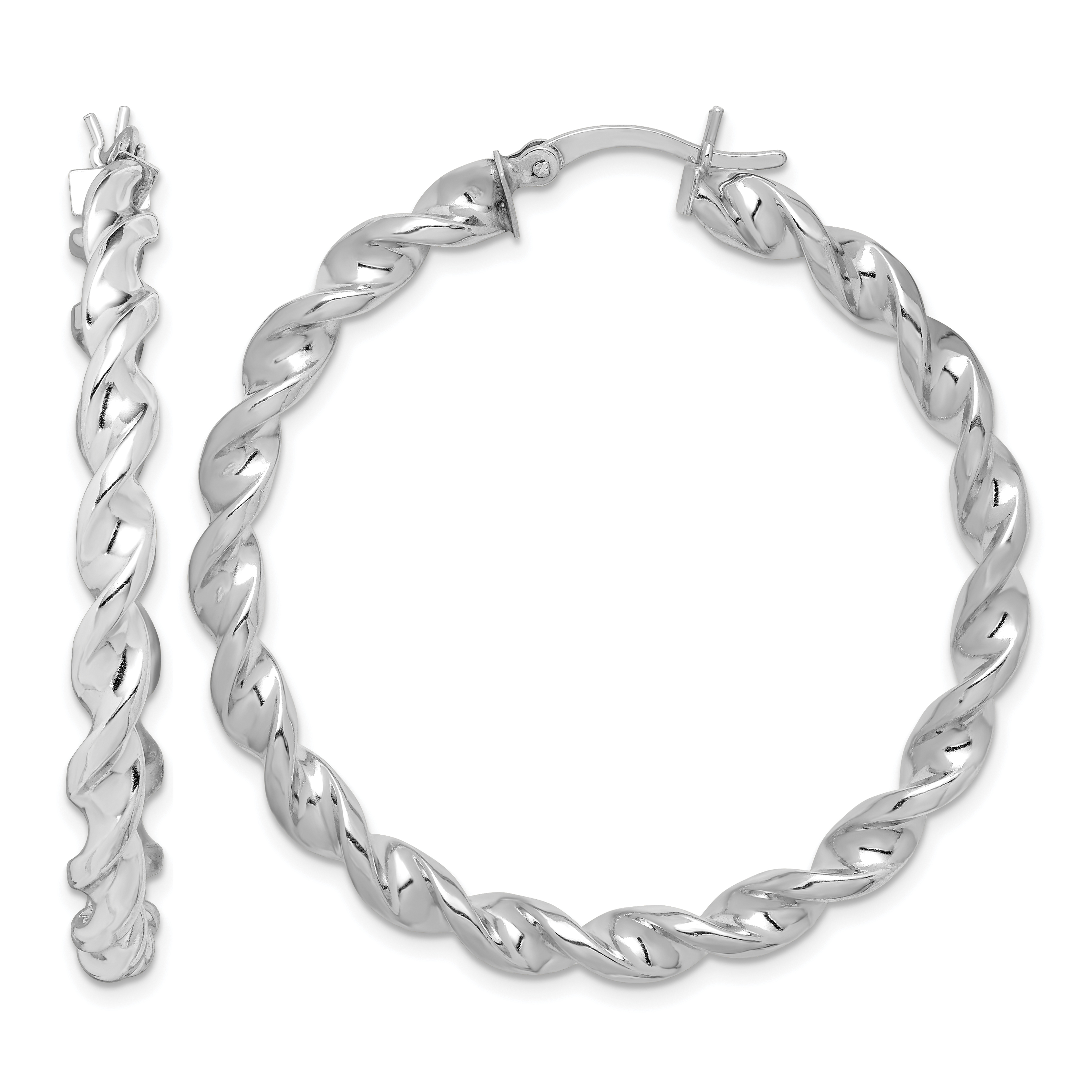 Sterling Silver Rhodium Plated Twisted 3.5x45mm Hoop Earrings (QE6759)