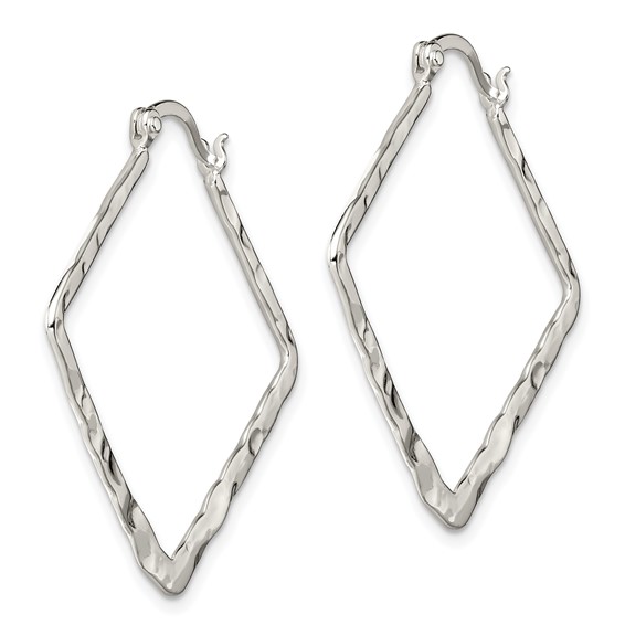 Sterling Silver Rhod-pltd Polished/Hammered Square Hoop Earrings