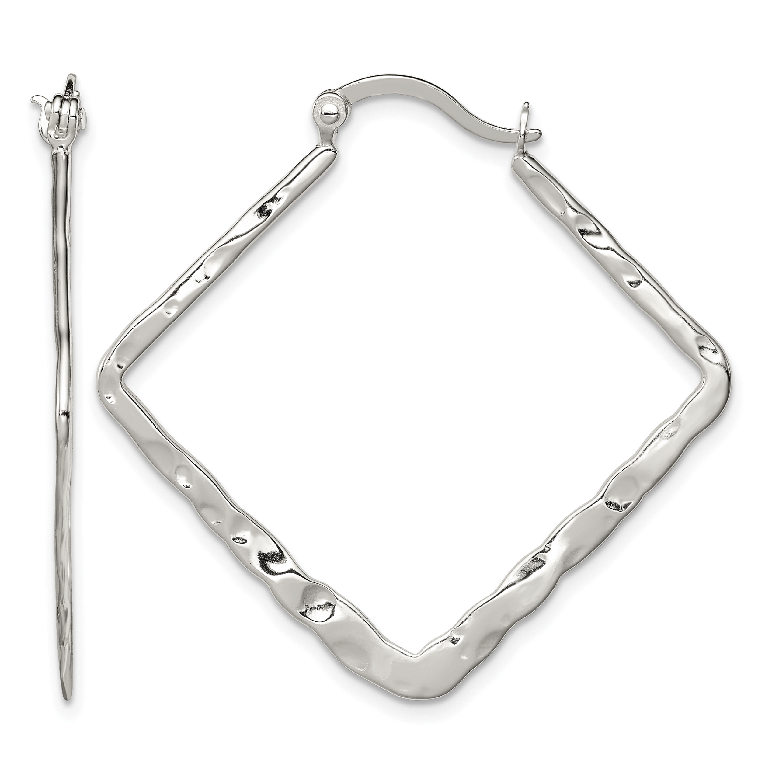 Sterling Silver Rhod-pltd Polished/Hammered Square Hoop Earrings (QE6798)