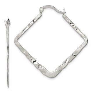 Sterling Silver Rhod-pltd Polished/Hammered Square Hoop Earrings