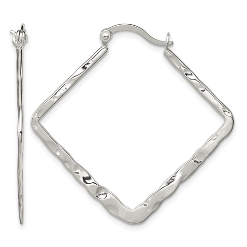 Sterling Silver Rhod-pltd Polished Hammered Square Hoop Earrings