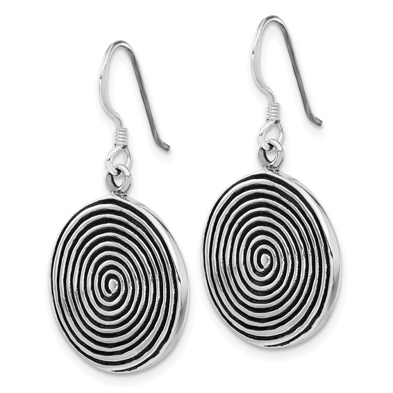 Sterling Silver Antiqued & Polished Swirl Circle Dangle Earrings