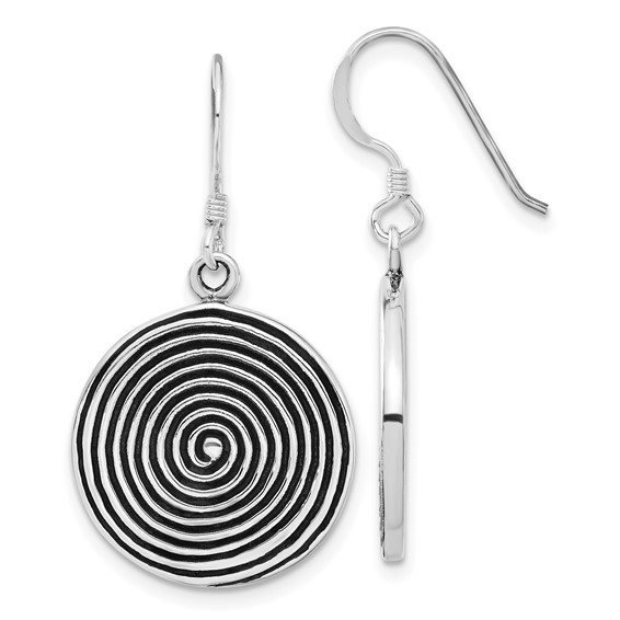 Sterling Silver Antiqued & Polished Swirl Circle Dangle Earrings