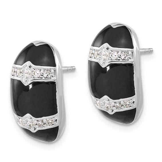 Sterling Silver Polished Black Enamel & CZ Post Dangle Earrings