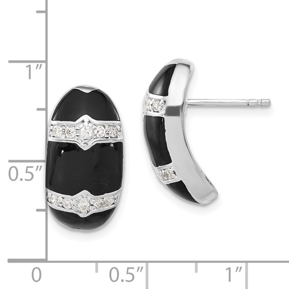 Sterling Silver Polished Black Enamel & CZ Post Dangle Earrings