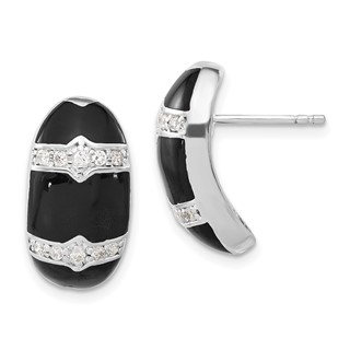 Sterling Silver Polished Black Enamel & CZ Post Dangle Earrings