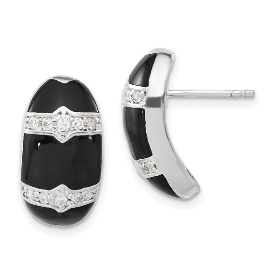 Sterling Silver Polished Black Enamel & CZ Post Dangle Earrings