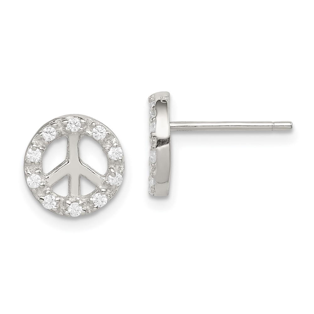 Sterling Silver Rhodium-plated Small CZ Peace Symbol Post Earrings (QE6879)