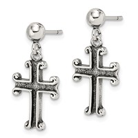 Sterling Silver Polished & Antiqued Cross Post Dangle Earrings view 2