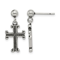 Sterling Silver Polished & Antiqued Cross Post Dangle Earrings view 1
