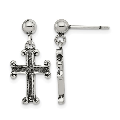 Sterling Silver Polished & Antiqued Cross Post Dangle Earrings