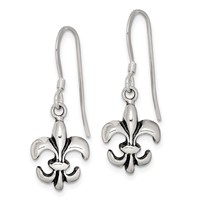 Sterling Silver Polished & Antiqued Fleur De Lis Dangle Earrings view 2