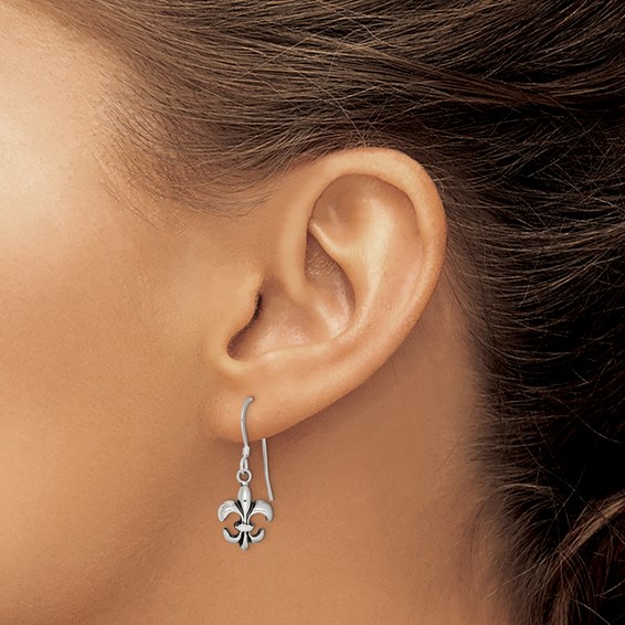 Sterling Silver Polished & Antiqued Fleur de Lis Dangle Earrings