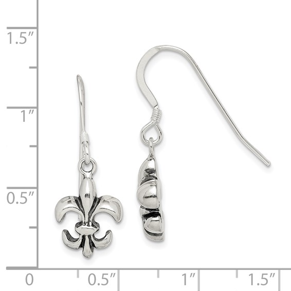 Sterling Silver Polished & Antiqued Fleur de Lis Dangle Earrings