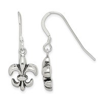 Sterling Silver Polished & Antiqued Fleur De Lis Dangle Earrings view 1