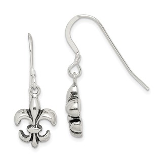 Sterling Silver Polished & Antiqued Fleur de Lis Dangle Earrings