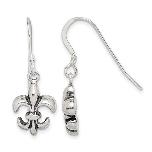 Sterling Silver Polished & Antiqued Fleur De Lis Dangle Earrings