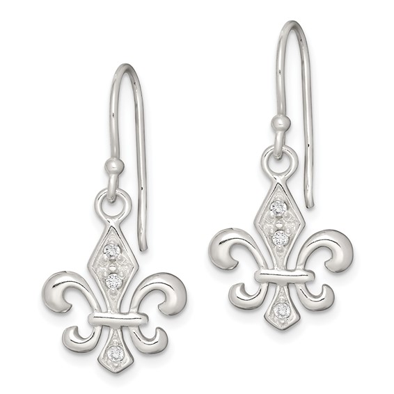 Sterling Silver Polished CZ Fleur de Lis Dangle Earrings