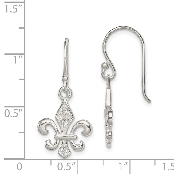 Sterling Silver Polished CZ Fleur de Lis Dangle Earrings