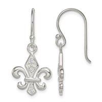 Sterling Silver Polished CZ Fleur De Lis Dangle Earrings view 1