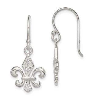 Sterling Silver Polished CZ Fleur de Lis Dangle Earrings