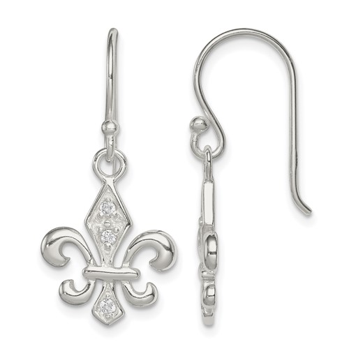 Sterling Silver Polished CZ Fleur De Lis Dangle Earrings