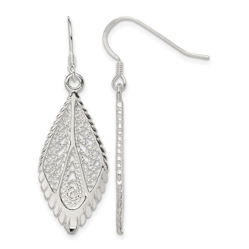 Sterling Silver Polished & D C Fancy Filigree Teardrop Dangle Earrings