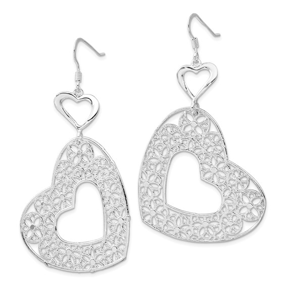 Sterling Silver Polished Fancy Filigree Heart Dangle Earrings