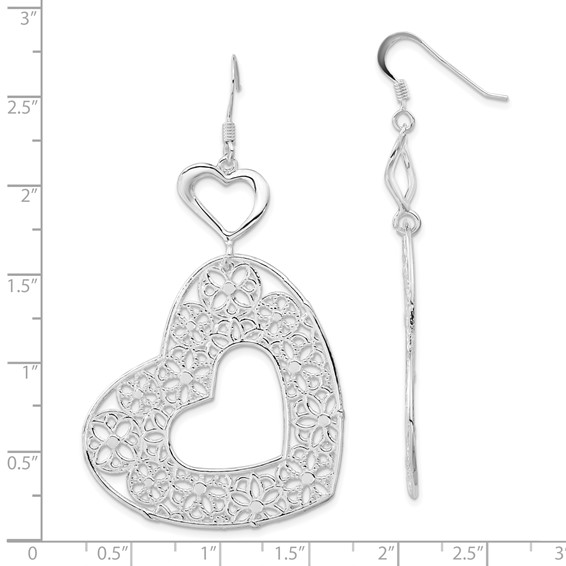 Sterling Silver Polished Fancy Filigree Heart Dangle Earrings