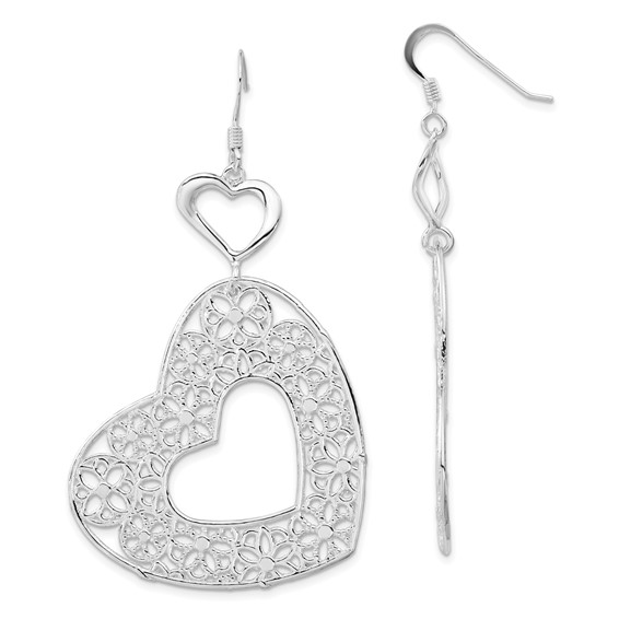 Sterling Silver Polished Fancy Filigree Heart Dangle Earrings