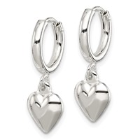 Sterling Silver Polished Puff Heart Dangle Hoop Earrings view 2