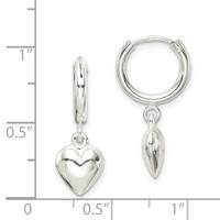 Sterling Silver Polished Puff Heart Dangle Hoop Earrings view 4
