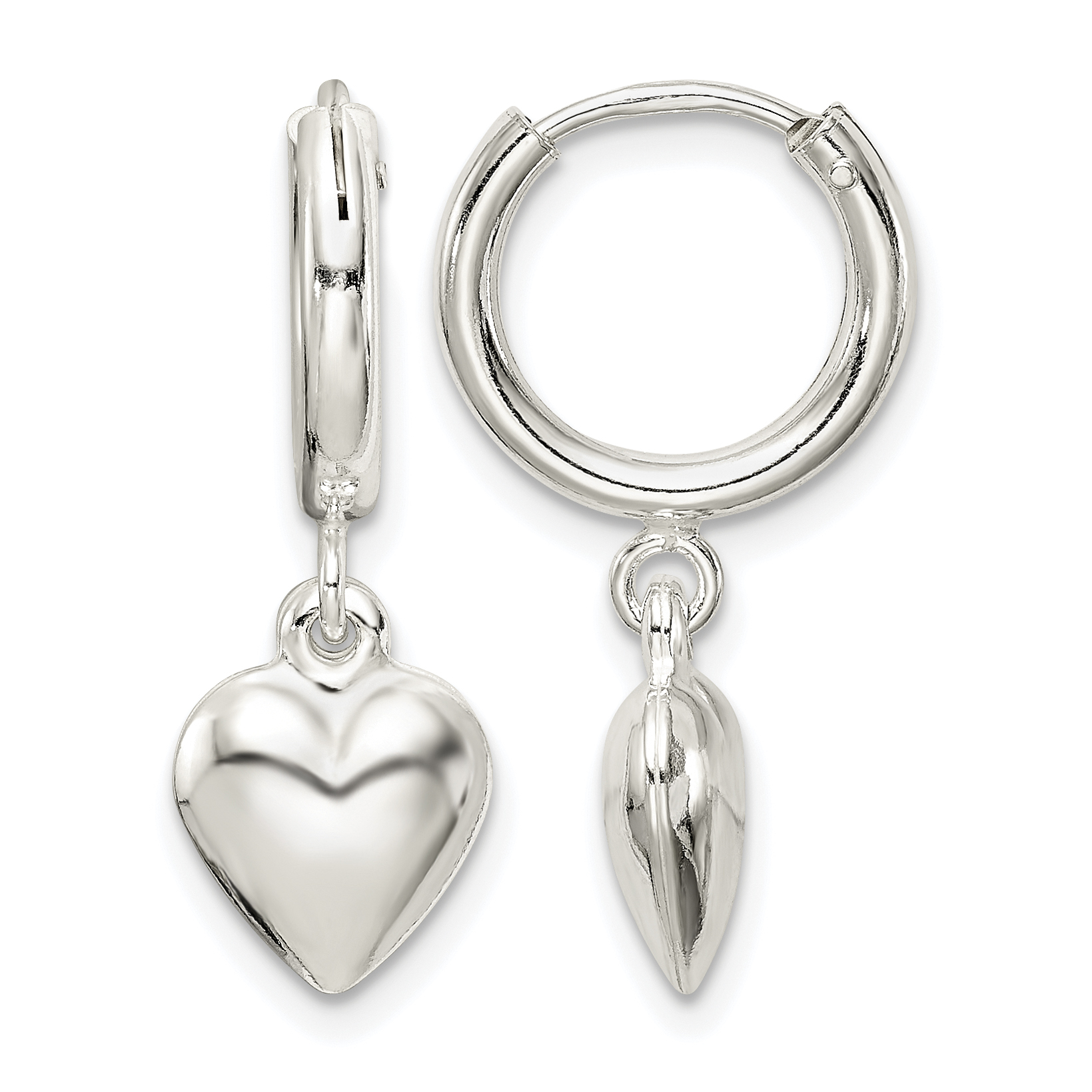 Sterling Silver Polished Puff Heart Dangle Hoop Earrings (QE7047)