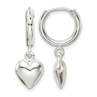 Sterling Silver Polished Puff Heart Dangle Hoop Earrings view 1