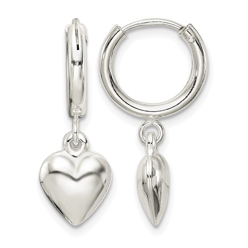 Sterling Silver Polished Puff Heart Dangle Hoop Earrings