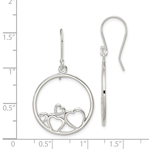 Sterling Silver Rhodium-plated Polished Open Hearts Circle Dangle Earrings