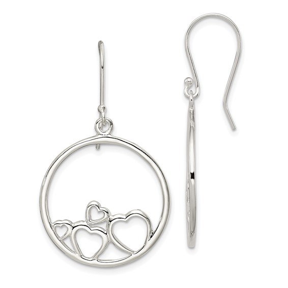 Sterling Silver Rhodium-plated Polished Open Hearts Circle Dangle Earrings