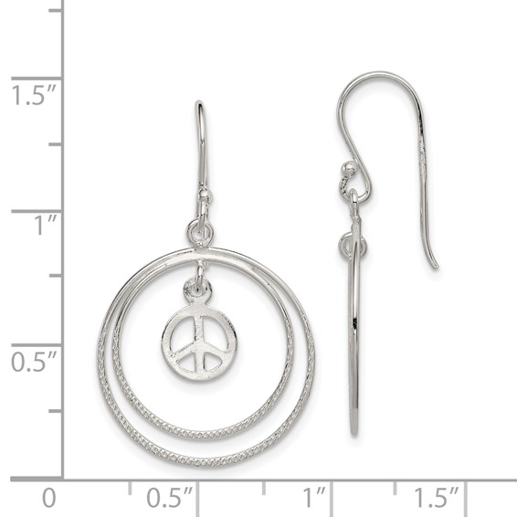 Sterling Silver Rhodium-plated Circles w/Peace Symbol Dangle Earrings