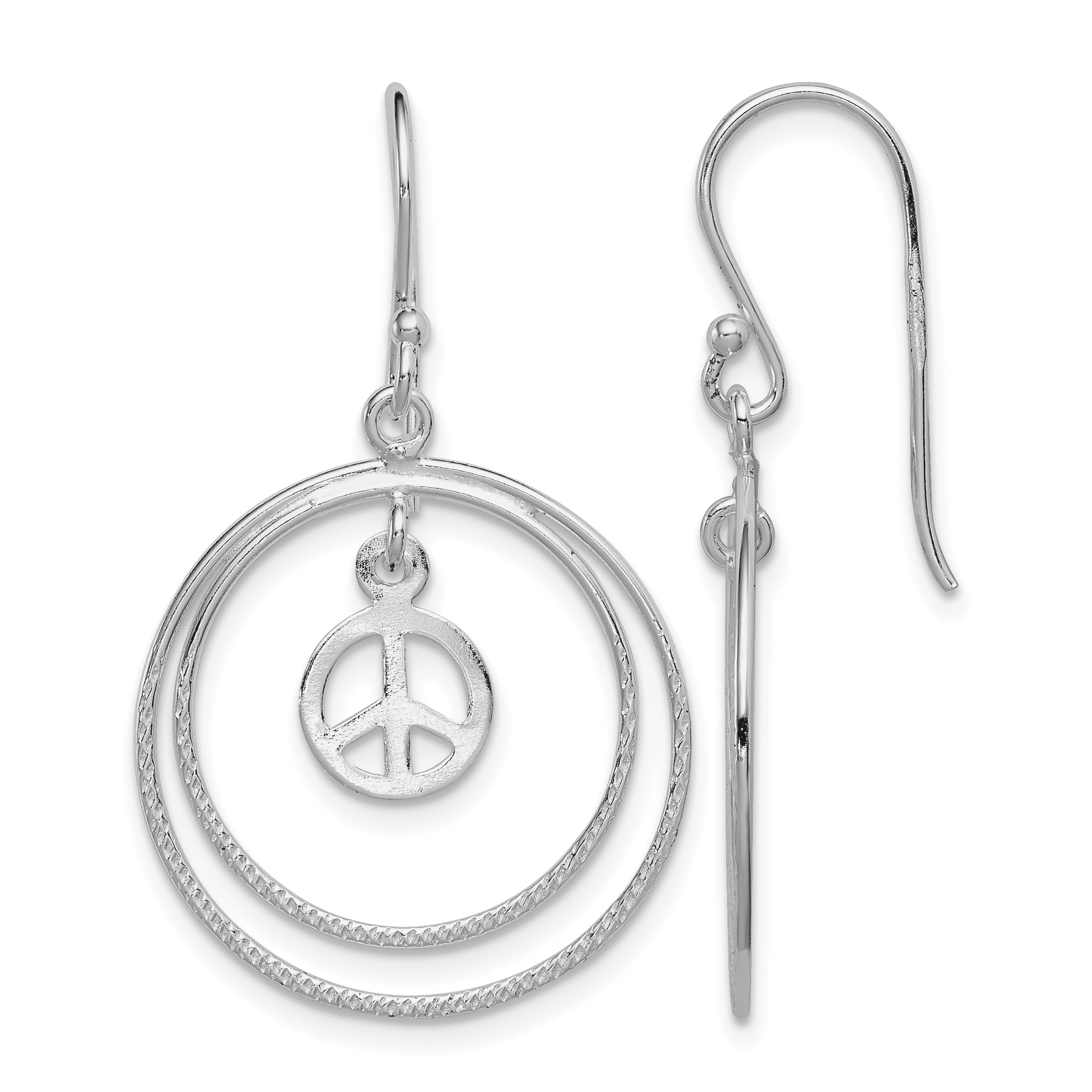 Sterling Silver Rhodium-plated Circles w/Peace Symbol Dangle Earrings (QE7132)