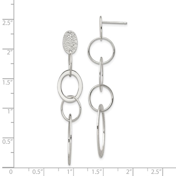 Sterling Silver Polished & Textured Circle & Oval Links Post Dangle Earring