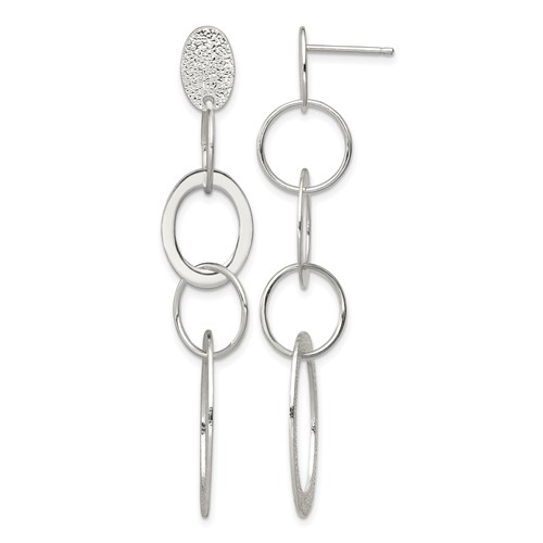 Sterling Silver Polished & Textured Circle & Oval Links Post Dangle Earring