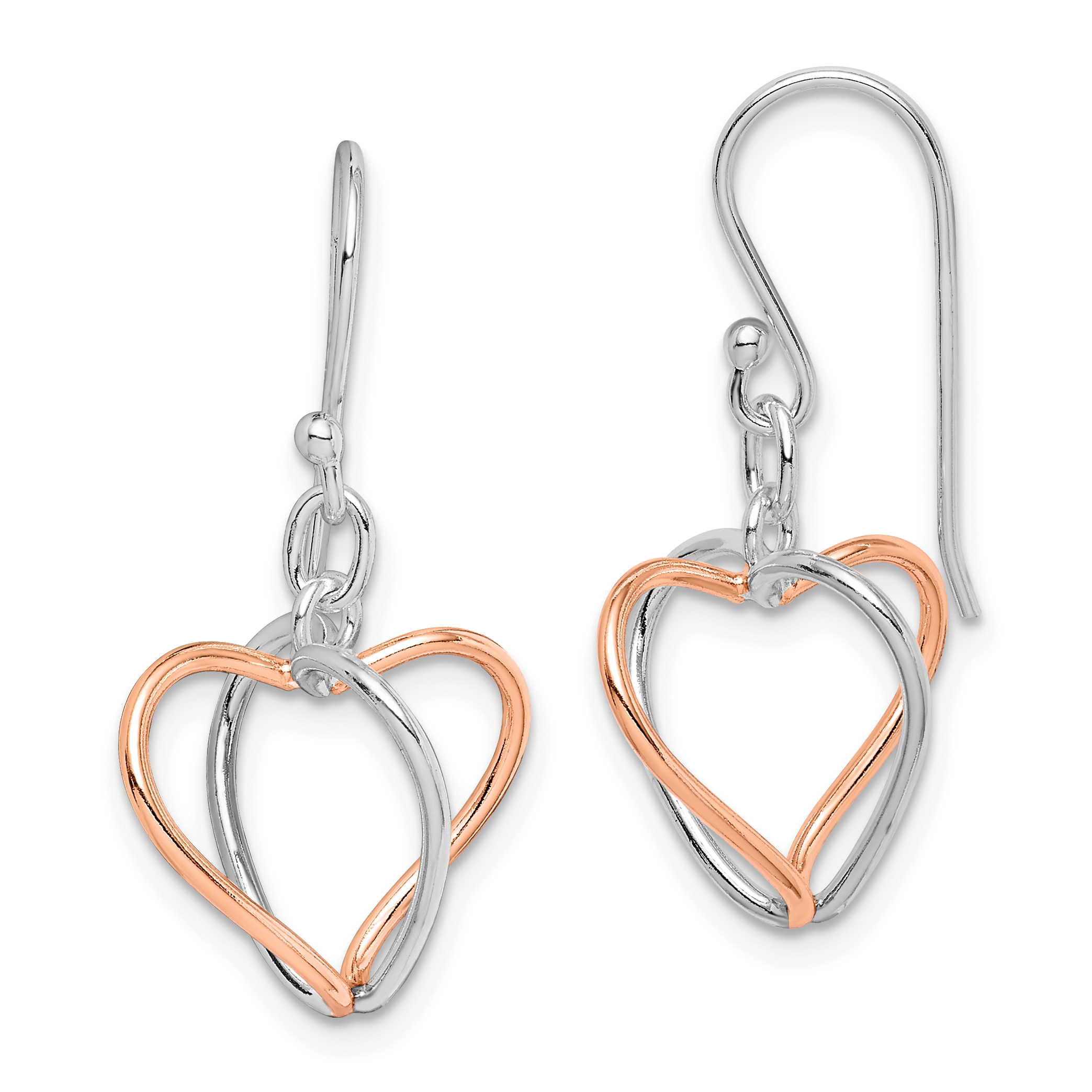 Sterling Silver w/Rose Vermeil Heart Dangle Earrings (QE7233)