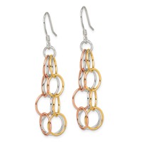 Sterling Silver Earrings with Tri-color Vermeil Polished Circle Link Dangle view 2
